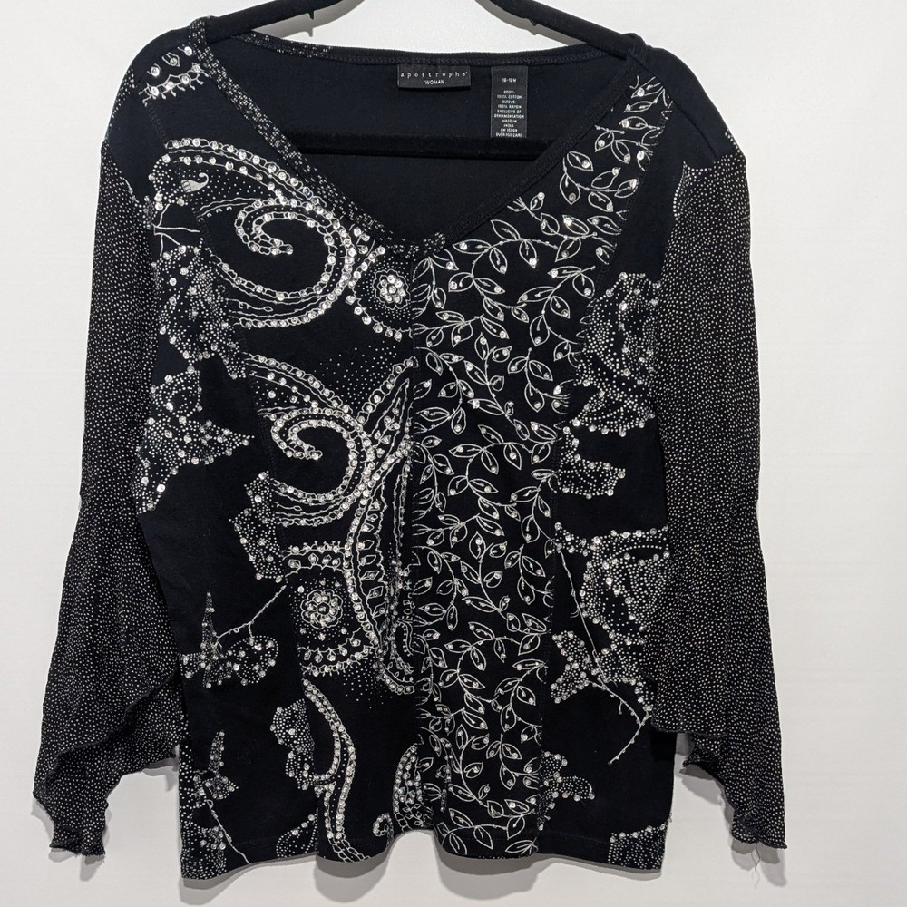 Apostrophe Woman‎ Top Womens 16-18W Black Good Beaded Paisley Bell Sleeve Rose